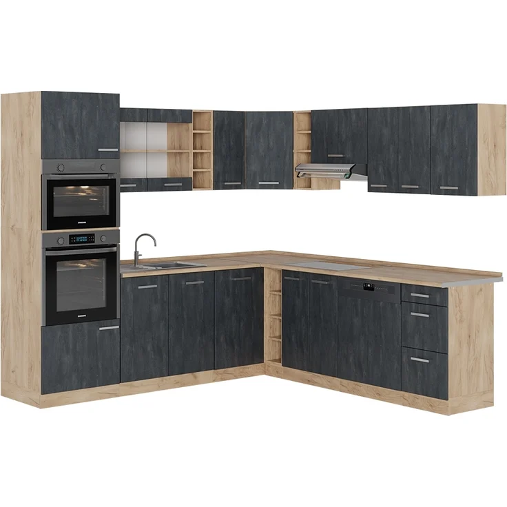 Einbauküche in L-Form R-Line Schwarz Beton/Goldkraft Eiche 247 x 46 cm ohne Arbeitsplatte Vicco – Bild 1
