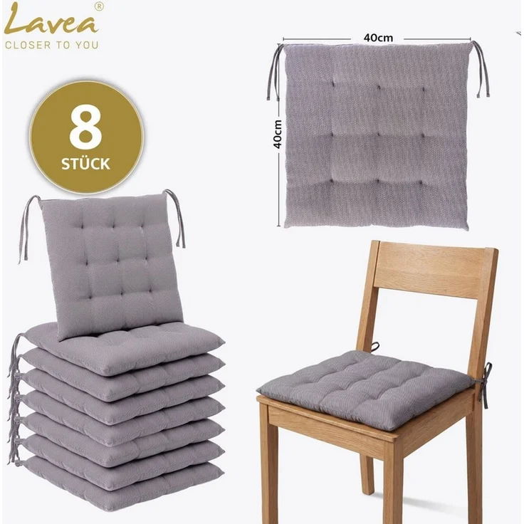Lavea Stuhlkissen Lavea® Sitzkissen & Stuhlkissen 40x40 cm – 4er/8er Set, 40x40x3 cm, mit Stoffbändern, Indoor & Outdoor, für Garten & Balkon – Bild 1