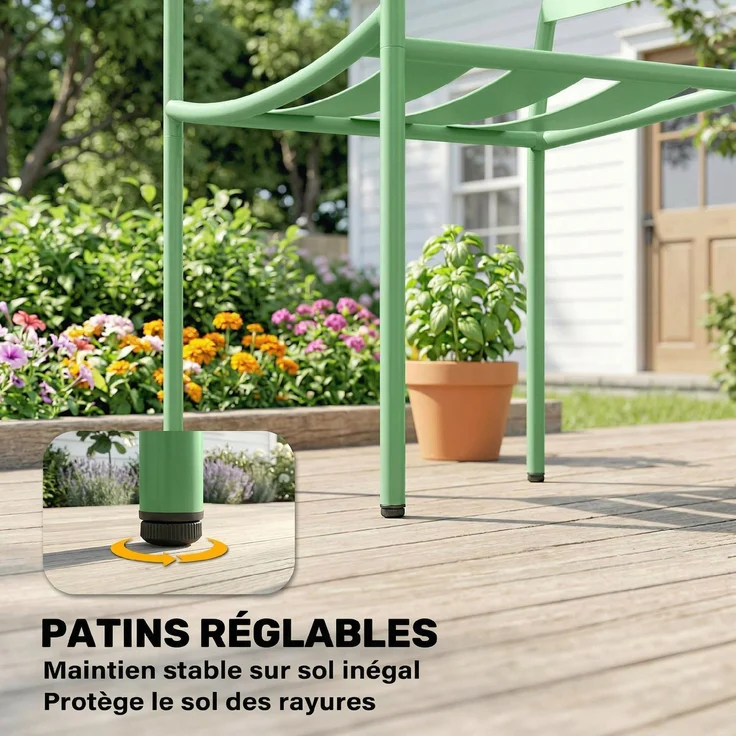 3-teiliges Garten-Bistro-Set – Couchtisch aus Hartglas und 2 Stühle mit Lattenbeinen, Gestell aus verzinktem Stahl, grün – Bild 10