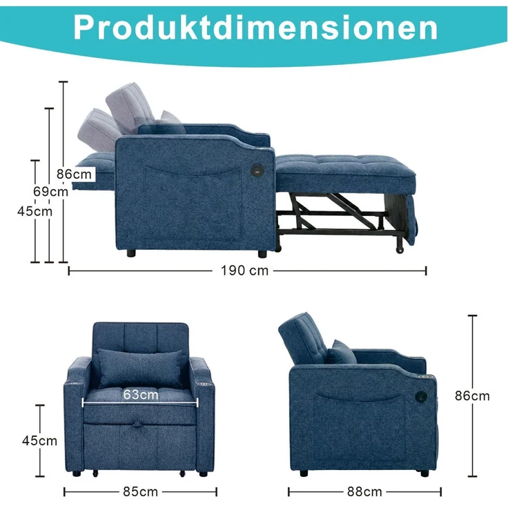 Schlafsessel mit Stoffbezug, USB-Anschluss & Bettfunktion, 190 cm Liegefläche, Navyblau – Bild 7