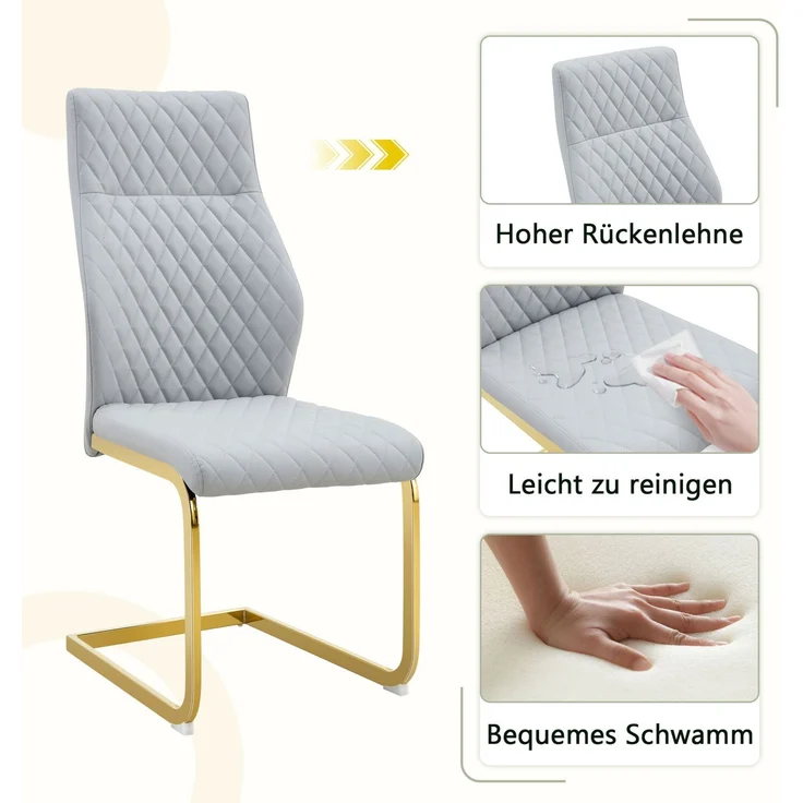 Esszimmerstuhl im Rautenmuster, PU-Lederoptik, 2er-Set, H 100 x T 43 x B 63 cm, Hellgrau/Gold – Bild 5