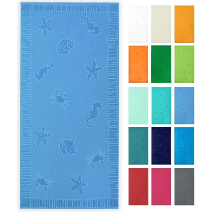 ZOLLNER Strandtuch XXL aus Baumwolle, 100x200 cm, mittelblau mit Meerestiermotiven – Bild 1