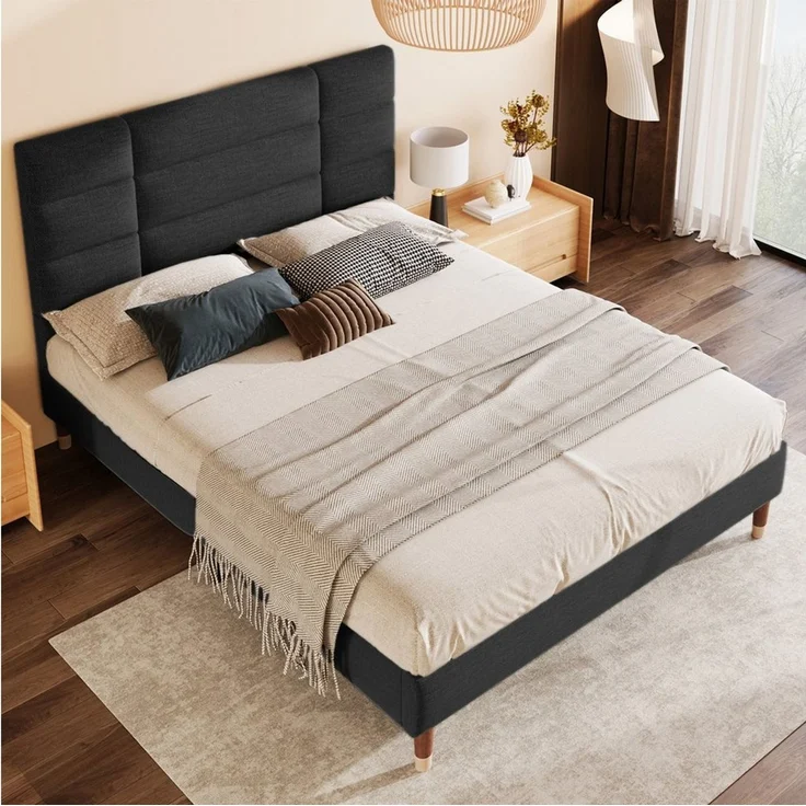 SOFTWEARY Polsterbett (Doppelbett mit gepolstertem Kopfteil und Lattenrost, 140x200 cm), Bezug aus Leinen – Bild 1