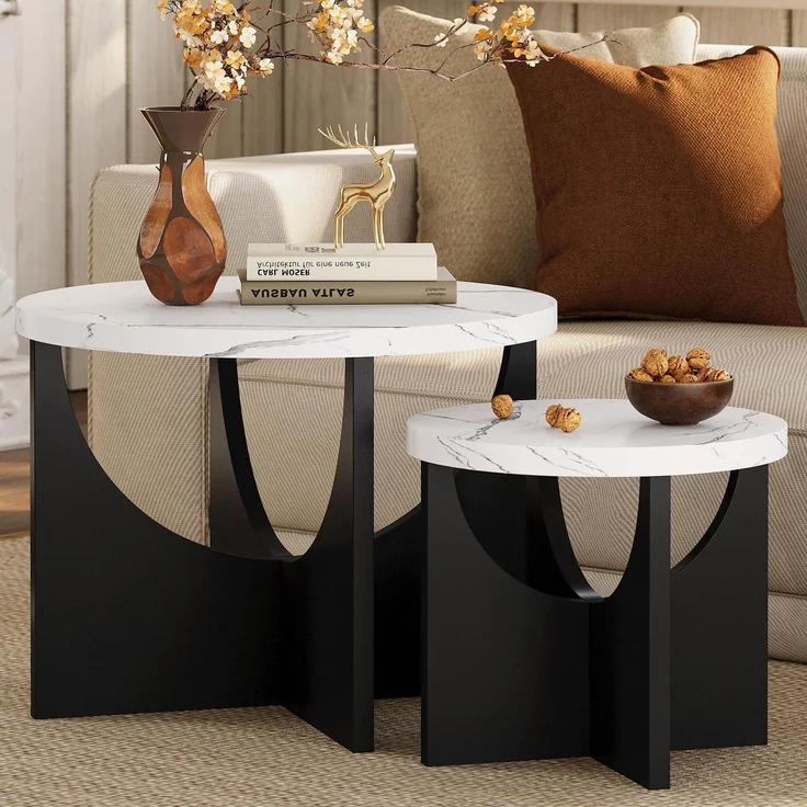 IRONCK Nestingtisch Set aus 2, Couchtisch rund, Moderner Couchtisch aus Holz für Wohnzimmer & Schlafzimmer, Weiß