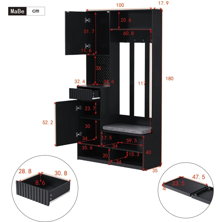 Garderobenset, Komplett-Set Flurgarderobe mit Sitzbank, 4 Haken, Türen & Schubladen - Schwarz , Kompaktmaße 100×180×35 cm (B×H×T) – Bild 10