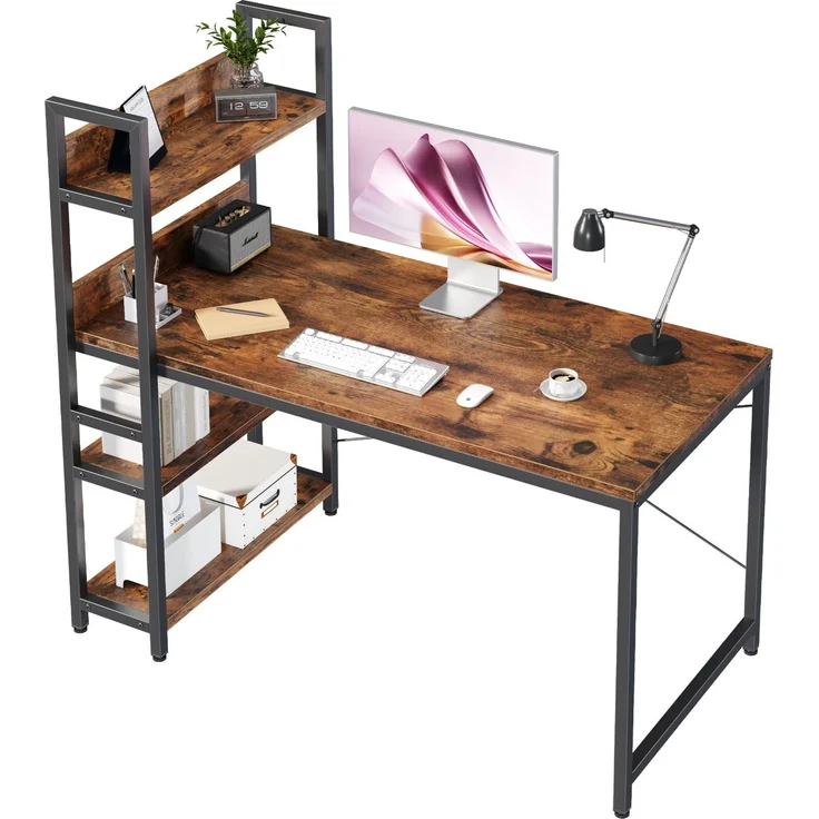 Sweetcrispy Schreibtisch mit Seitlichem Regal & Verstellbaren Füßen, 140 cm breiter Bürotisch, Starker Computertisch mit Ablagefläche, Einfacher Montage, vintagebraun
