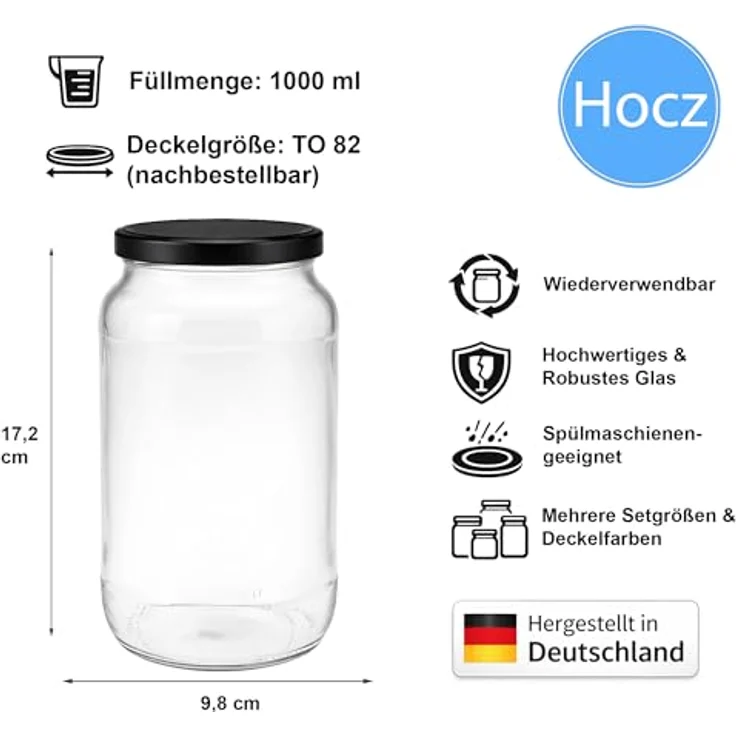 hocz 100x Einmachgläser 1 Liter | mit Deckel Schwarz TO 82 | leere Gläser mit Schraubdeckel zum befüllen 1 L | 1000 ml Sturzgläser, Schraubgläser, Marmeladengläser Set | 100 Stück – Bild 2