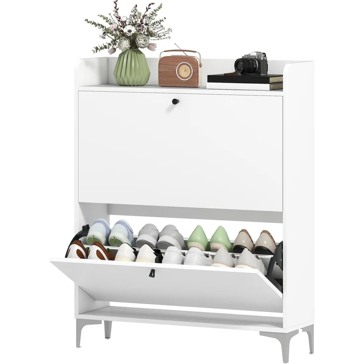Mobiler Schuhschrank „Slim“ mit 2 Klappschubladen und verstellbaren Einlegeböden, aus Holz und Metall, 80 x 24 x 101 cm, Weiß – Bild 2