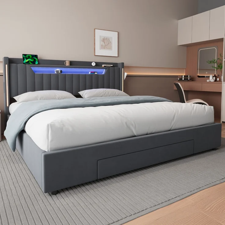 Polsterbett 180x200 cm mit LED-Beleuchtung, Stauraum und Schublade – Ohne Matratze – Bild 8