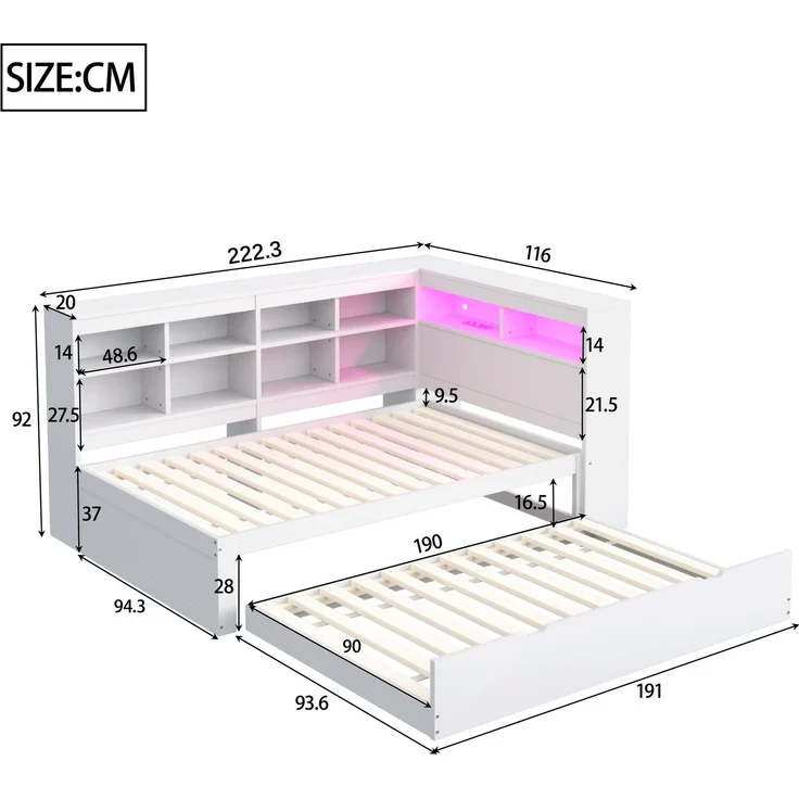 EINHOM Massivholzsofa 90 x 200 cm, mit Ausziehbarem Bett, mit USB-Steckdose und mit LED-Licht, mit Regalen und Ablagefächern, Viel Stauraum, Multifunktionales Einzelholzbett, Weiß, (Ohne Matratze) – Bild 2