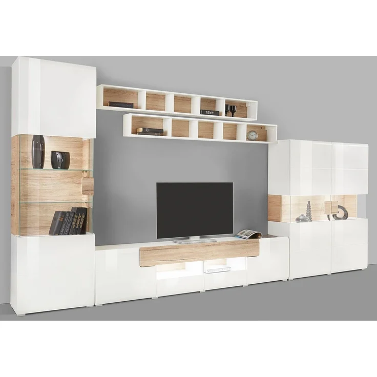 INOSIGN Wohnwand Toledo,Breite 391cm stilvolle Mediawand ohne Beleuchtung, (Set, 5-St), Anbauwand(Vitrine,Lowboard,Highboard,2xHängeregal)MDF Hochglanzfronten – Bild 3