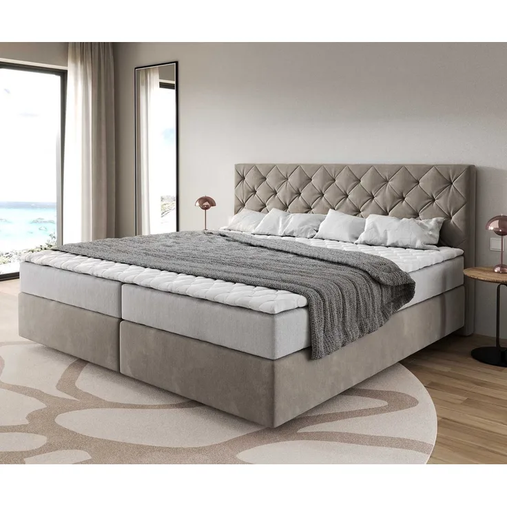 Boxspringbett Dream-Great Mikrofaser Beige 200x200 cm mit Taschenfederkernmatratze und Topper Visco