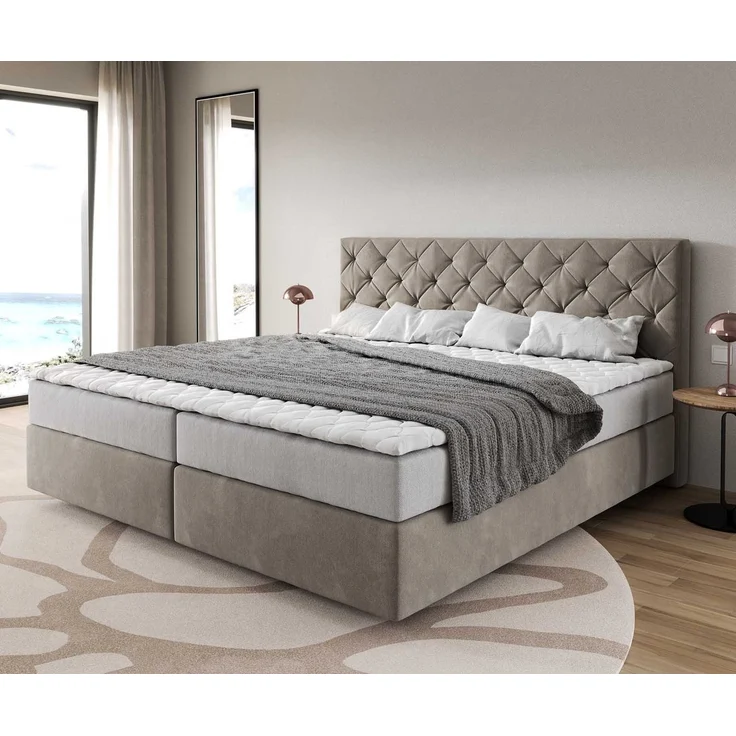 Boxspringbett Dream-Great Mikrofaser Beige 200x200 cm mit Taschenfederkernmatratze und Topper Visco – Bild 1