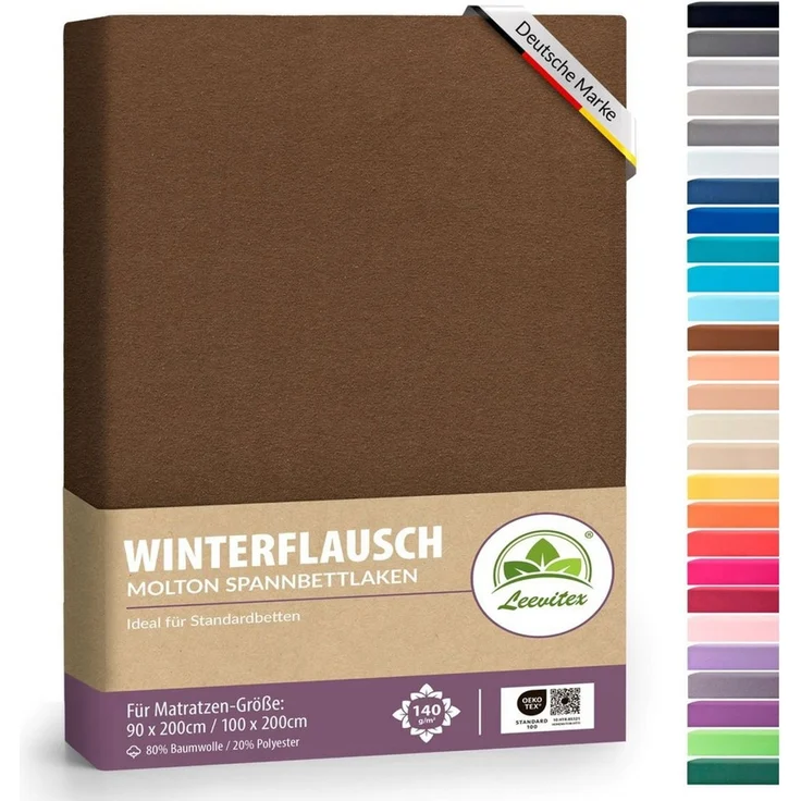 leevitex® Spannbettlaken für kalte Nächte – angenehm weich, passgenau, farbstark & pflegeleicht, Molton, Gummizug: rundum, (1 Stück), verschiedene Größen und Farben, 80% Baumwolle 20% Polyester, 25cm Steg – Bild 1