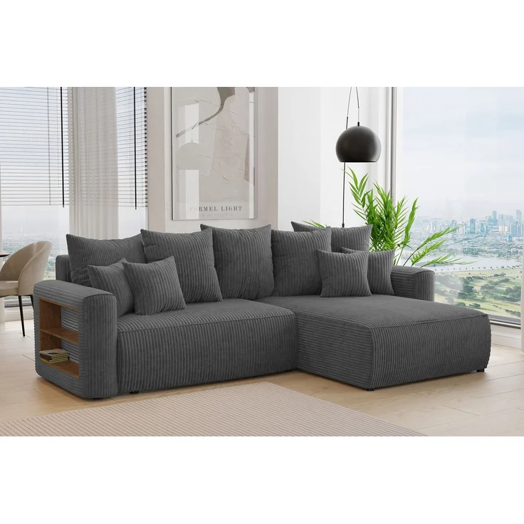 MEBLINI Schlafcouch mit Bettkasten - 260 x 160 x 78 cm - Dunkelgrau Cordstoff - NAPLES - Kleines Ecksofa mit Schlaffunktion - Sofa mit Relaxfunktion und Kissen - Kleine Couch L-Form - Eckcouch – Bild 2