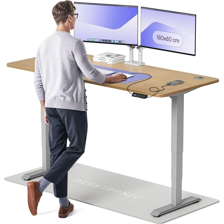 Desktronic Höhenverstellbarer Schreibtisch aus massivem Eichenholz (180x80 cm) – Elektrisch höhenverstellbar mit flüsterleisem Dual-Motor & Touchscreen – Hohe Tragfähigkeit – Stehtisch HomePro – Bild 1