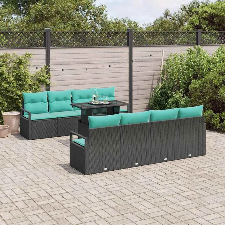 vidaXL Gartensofa-set 9 stk. 6-Sitzer Schwarz und Blau Poly-Rattan 3348792