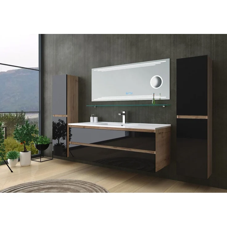 Homeline Badmöbel Set Eiche/Schwarz Kaiser Hochglanz 120 cm Spiegel incl LED (120, 7, 3X Seitenschränke) – Bild 1