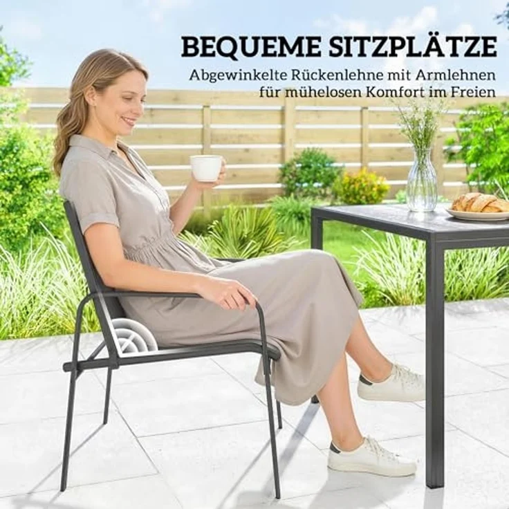 Outsunny Garten-Essgruppe Tisch mit 6 Atmungsaktiven Stühlen, Holzoptik, Stahlrahmen, (Gartenset, 7-tlg, Gartenmöbel Set), für Garten Balkon Terrasse Schwarz – Bild 5