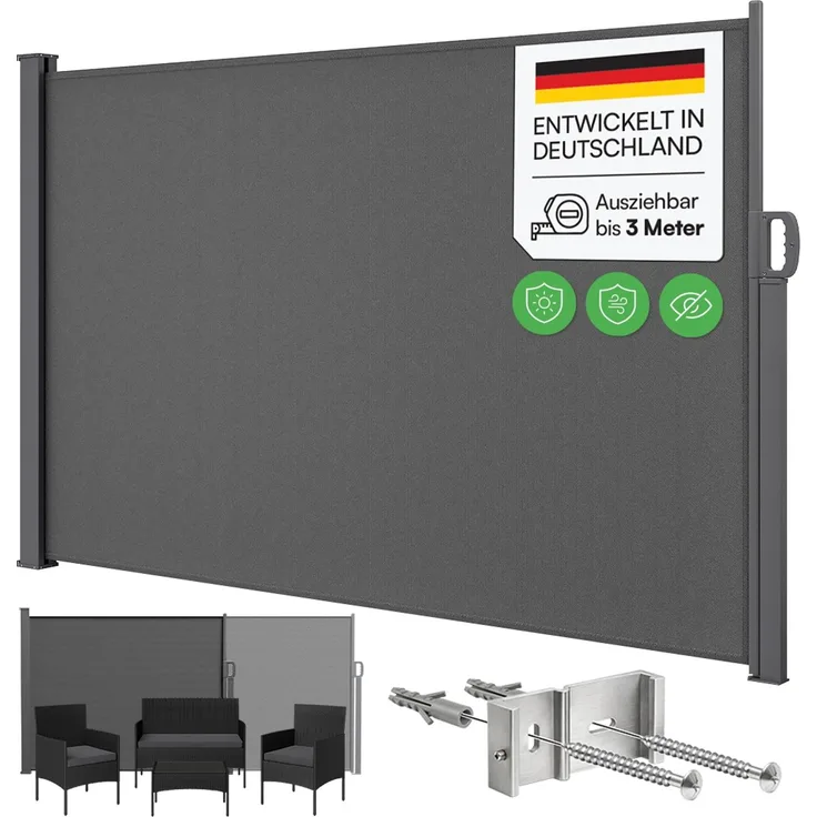 STEELSØN 'Zirella' Seitenmarkise mit Aluminium-Kassette, ausziehbar, 160x300 cm, anthrazit, Windschutz, wetterfest und blickdicht