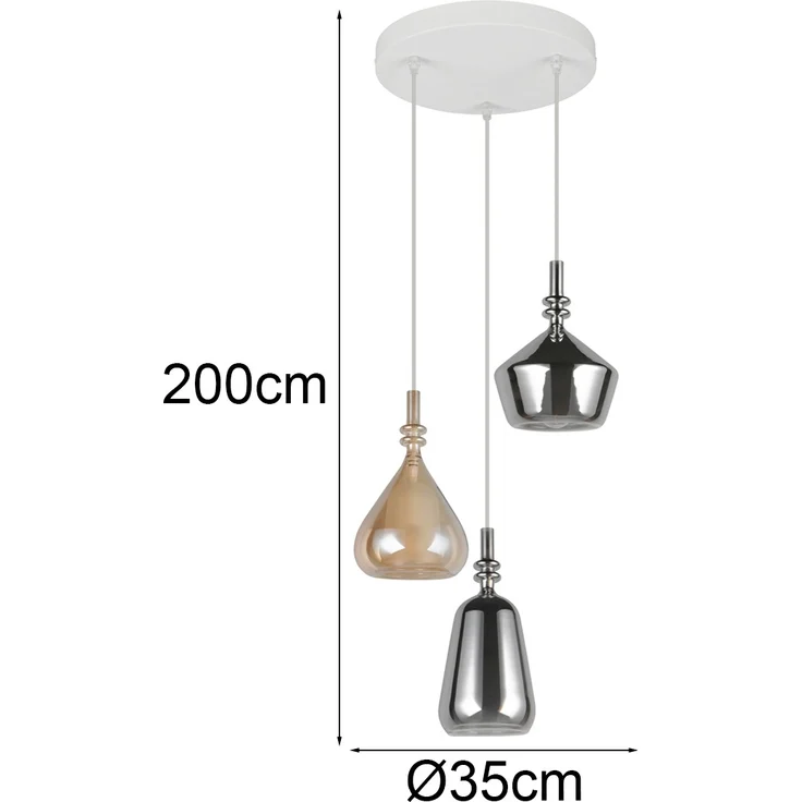 LED Cluster Pendelleuchte 3-flammig Glas Bernstein & Chrom verspiegelt, Ø 35cm – Bild 4