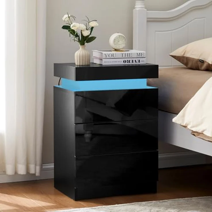 TUKAILAI Nachttisch Schwarz Hochglanz mit LED, Moderner Nachtschrank mit 3 Schubladen, 45 x 35 x 67.5 cm für Schlafzimmer, Home Office – Bild 3