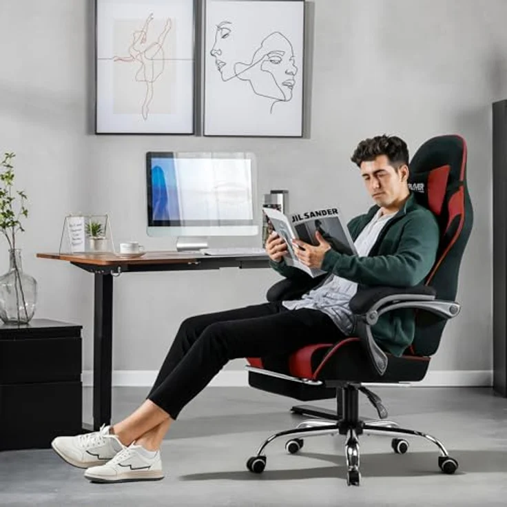 GTPLAYER Gaming Stuhl, Bürostuhl, Ergonomischer Pc Stuhl, Gaming Sessel mit Massagelendenwirbelstütze, Task Stühle mit Fußstütze und Kopfstütze, Rot Stoff – Bild 2