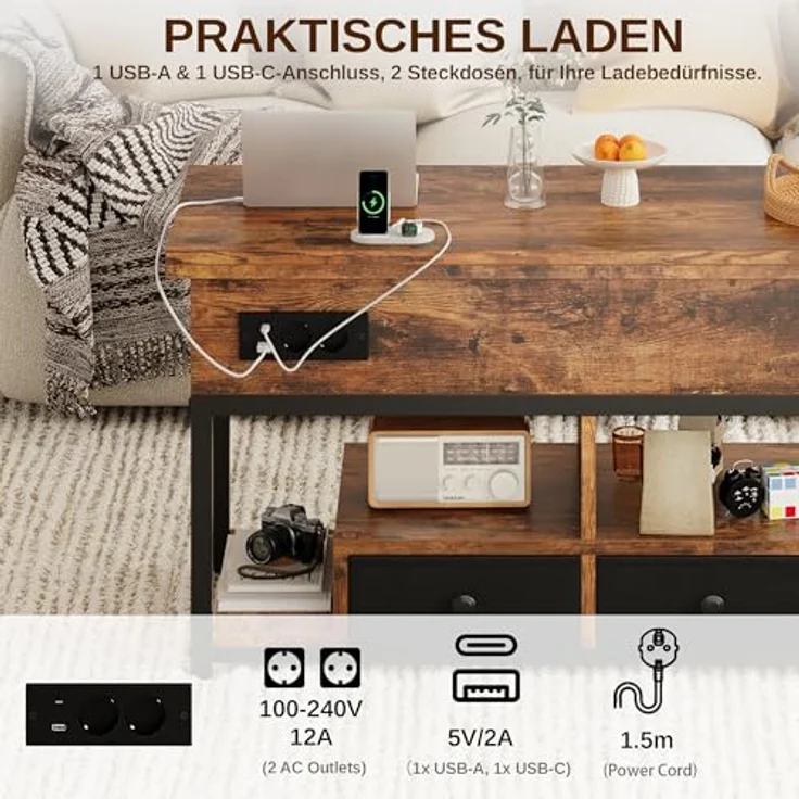 IRONCK Couchtisch Höhenverstellbar, LED Wohnzimmertisch mit Steckdosen | 2AC+USB+USB‑C, Kaffeetisch Holz, 2 Schubladen, Umwandelbar Esstisch 100×80cm, Vintagebraun – Bild 5