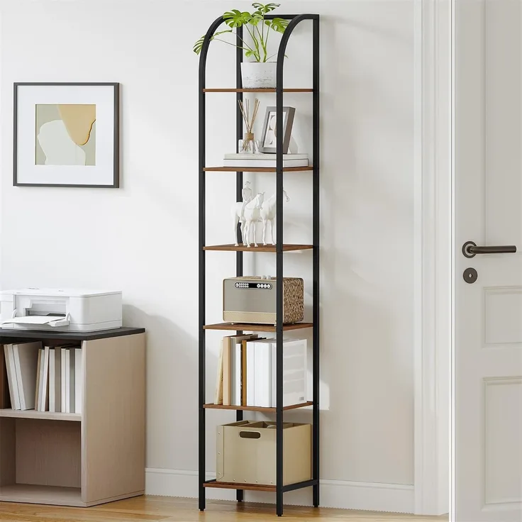 Bücherregal, 6 Ebenen Standregal, DVD-Regal, Schmale Regale, Offenes Regal, Industriestil, Metallrahmen, Geeignet für Arbeitszimmer, Wohnzimmer, Schlafzimmer, Küche, Braun