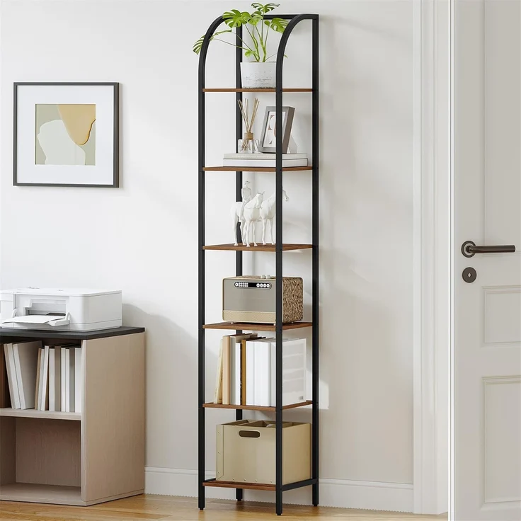 Bücherregal, 6 Ebenen Standregal, DVD-Regal, Schmale Regale, Offenes Regal, Industriestil, Metallrahmen, Geeignet für Arbeitszimmer, Wohnzimmer, Schlafzimmer, Küche, Braun – Bild 1