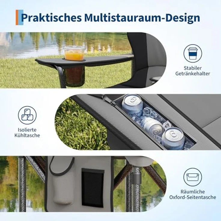 GarveeHome Campingstuhl faltbar bis 200 KG belastbar, Ultragroßer Angelstuhl 64 cm mit hoher Rückenlehne & Polsterung, Camping Stuhl Sessel inkl. Tragetasche für Garten Balkon Strand Schwarz/Grau – Bild 5