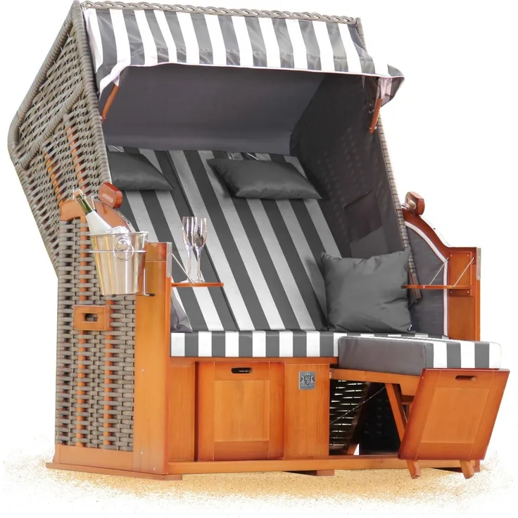 Strandkorb Hanse Ostsee Klassik XXL 2 Sitzer - Grau Weiß Blockstreifen, 137 x 166 x 78 cm