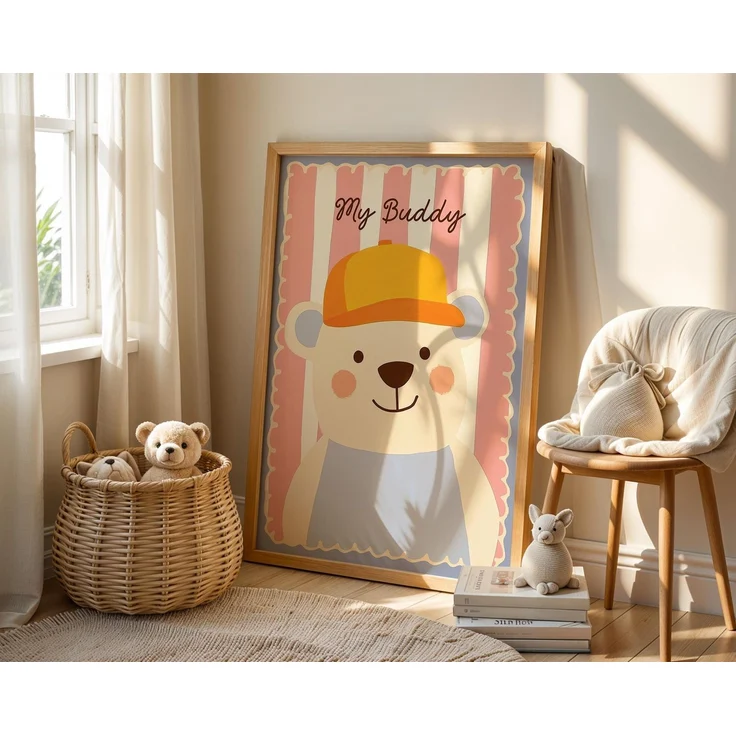 Poster Kinderzimmer Bär · My Buddy Schriftzug · Süßes Tierposter mit Mütze · Rosa & Pastell Deko · Freundliches Wandbild · Ohne Rahmen - 20x25cm – Bild 4