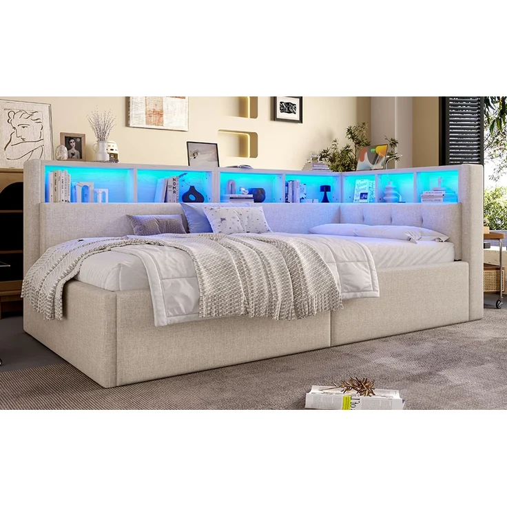 ZUBALIYA Schlafsofa / Tagesbett, mit hydraulische Aufbewahrungsfunktion und mehrfarbiger LED-Streifenbeleuchtung, 90 x 200 cm, Leinen, Beige, fürs Schlafzimmer, mit Stauraum, mit LED, Samt – Bild 20