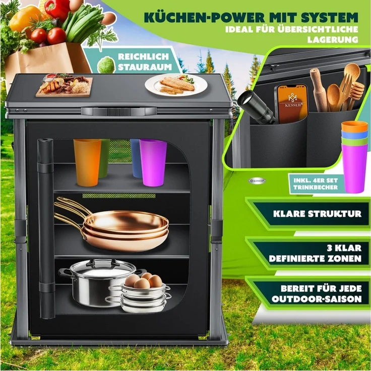 KESSER® Camping Küche faltbar | Outdoor Campingschrank 60/84x80cm | Küchenschrank Aluminiumgestell, 3/6 Fächer inkl 4er Becherset, Seitentaschen & Fliegengitter | Campingküche aus UV-resistentem Stoff Schwarz / Schwarz, 6 Fachböden – Bild 2