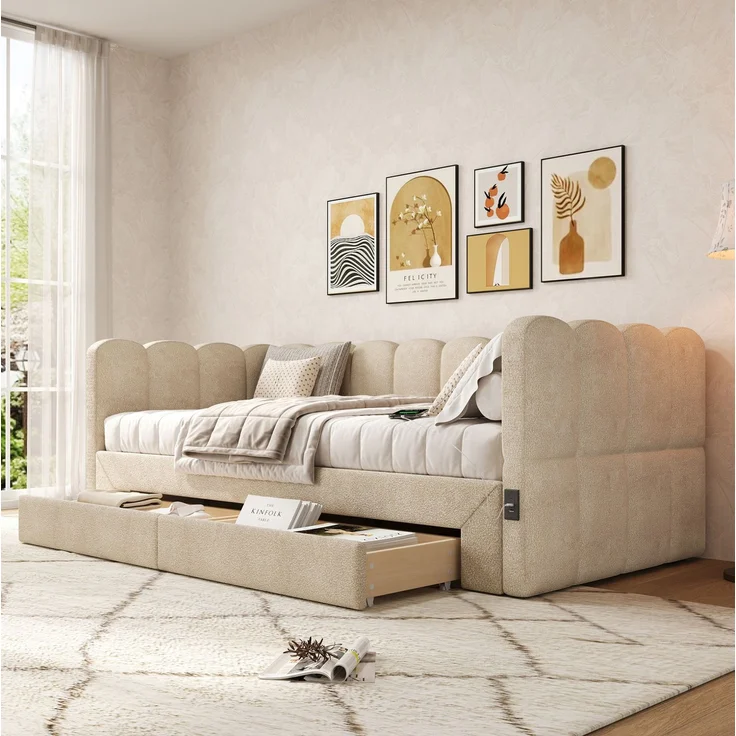 CHICFURN Bett aus Chenille Beige 90/180x190 cm ausziehbar mit 2 Schubladen und USB- und Type-C-Anschlüssen – Bild 3