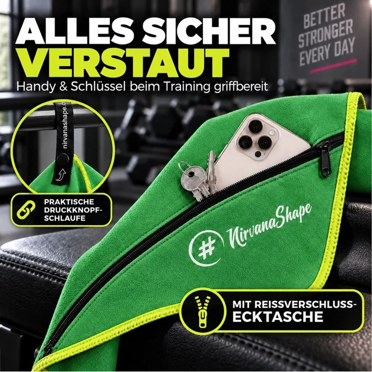 NirvanaShape Sporthandtuch NirvanaShape Mikrofaser Fitnesshandtuch mit Ecktasche und Knöpfen, saugfähig, leicht, schnelltrocknend, für Reisen, Fitness, Yoga, Sauna – Bild 3