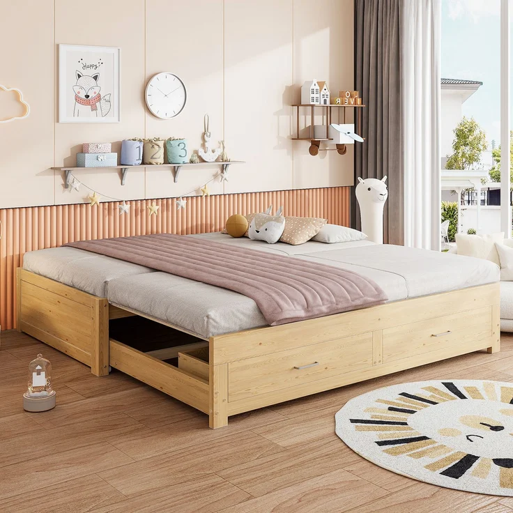 ZUBALIYA Tagesbett 90/180 × 190 cm, Holz, Ausziehbett, Schubladen, Lattenrost, Naturholz – Bild 2