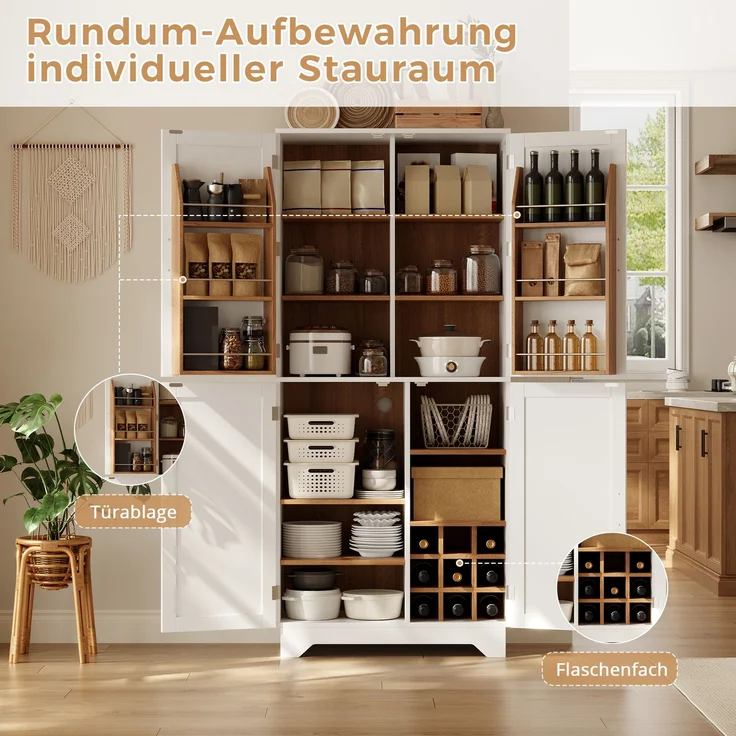 Küchenschrank, hoher Stauraumschrank mit 4 Scheunentor-Türen, Vorratsschrank mit Weinregal und Türregal, Aufbewahrungsschrank für Wohnzimmer und Esszimmer, 80 × 40× 180 cm – Bild 6