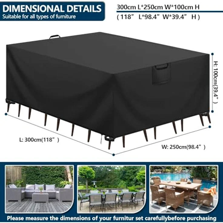 Aujink Abdeckung Gartenmöbel Winterfest Wasserdichte Schutzhülle Gartenmöbel 420D Oxford Anti-UV Abdeckplane für Gartentische Terrassenmöbel Regenschutz und Staubfest Abdeckhaube Schwarz 300 x 250 x 100 cm – Bild 3