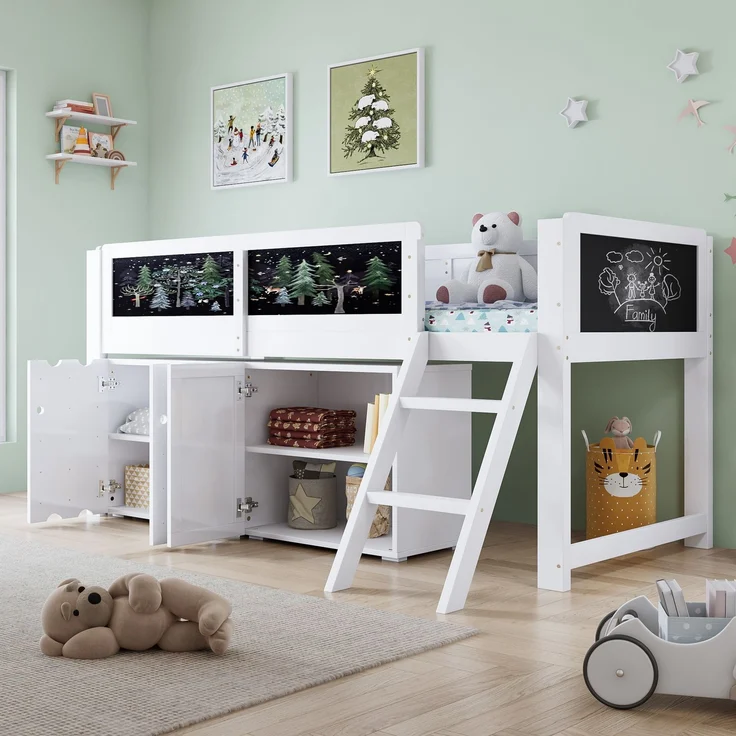 Merax Hochbett, 90x200cm Kinderbett, mit doppeltürigen Stauschränken und einer Tafel zum Malen, Zweistufige Schrägleiter, Sicherheitsgeländer, Weiß – Bild 2