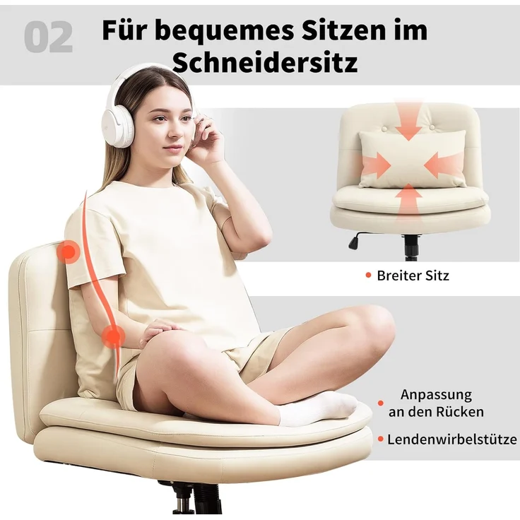 HOMCOM Bürostuhl ohne Armlehnen, mit breit doppelschichtig Polster, Kissen (gepolsterter Schreibtischstuhl, 1 St), Kunstleder Schneidersitz Stuhl für Büro, Beige – Bild 5