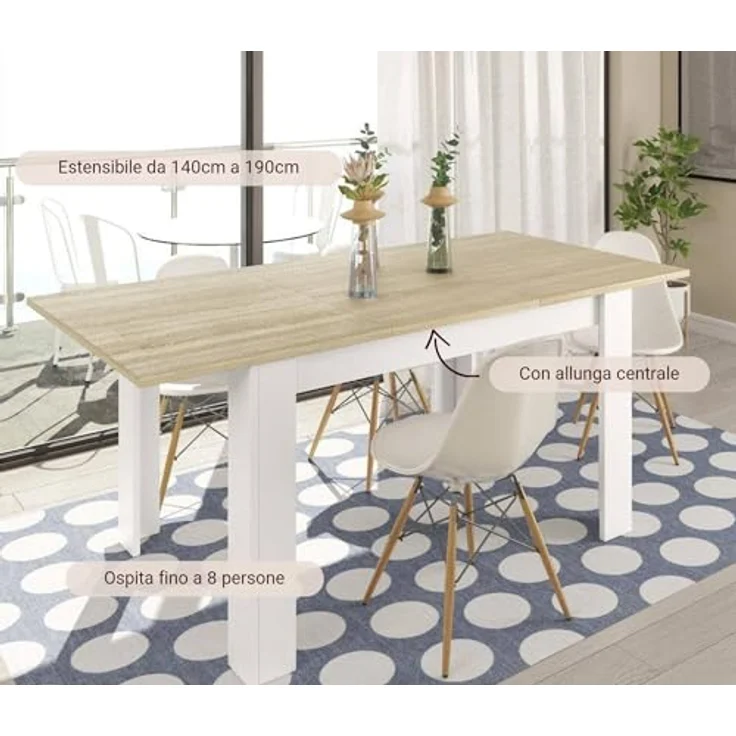 Dmora - Ausziehbarer Midland-Tisch, ausziehbare Konsole für das Esszimmer, zu öffnender Küchentisch mit Verlängerung, 140/190 x 90 x 78 cm, Eiche und Weiß – Bild 8