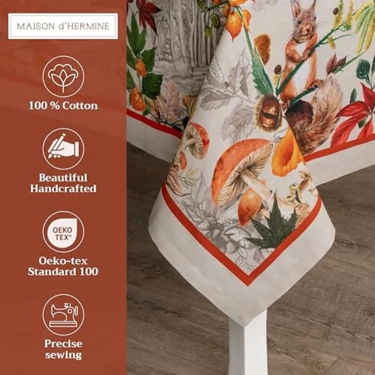 Maison d' Hermine Tischdecke, quadratisch, 152 x 152 cm, 100% Baumwolle, wiederverwendbar, dekorativ, für den Alltag, Esszimmer, Bauernhaus, Zuhause, Party, Feste und Hochzeit, Recolte – Bild 2