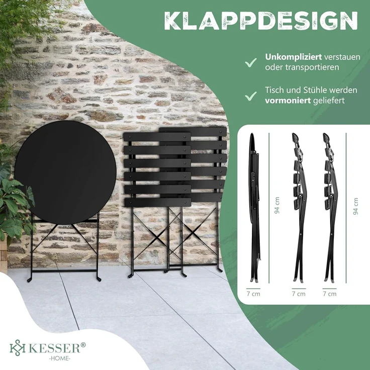 KESSER® Bistroset, 3-tlg, 2 klappbare Stühle, Gartentisch, inkl. Abdeckung, Metall Schwarz – Bild 3