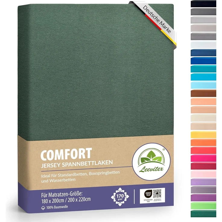 leevitex® Spannbettlaken, Premium 170g/m², Gummizug: rundum, schwer und dick, 100% Jersey-Baumwolle, Dunkelgrün / Tannengrün, 180 x 200 - 200 x 220 cm – Bild 1