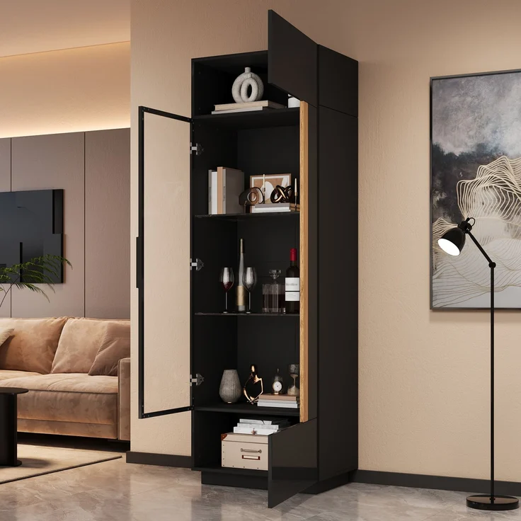 ZUBALIYA Vitrine (60 x 40 x 180 cm), LED - Beleuchtung, Glastüren, Aufbewahrung für Sammlerstücke, Geschirr und Dekoration, Schwarz – Bild 9