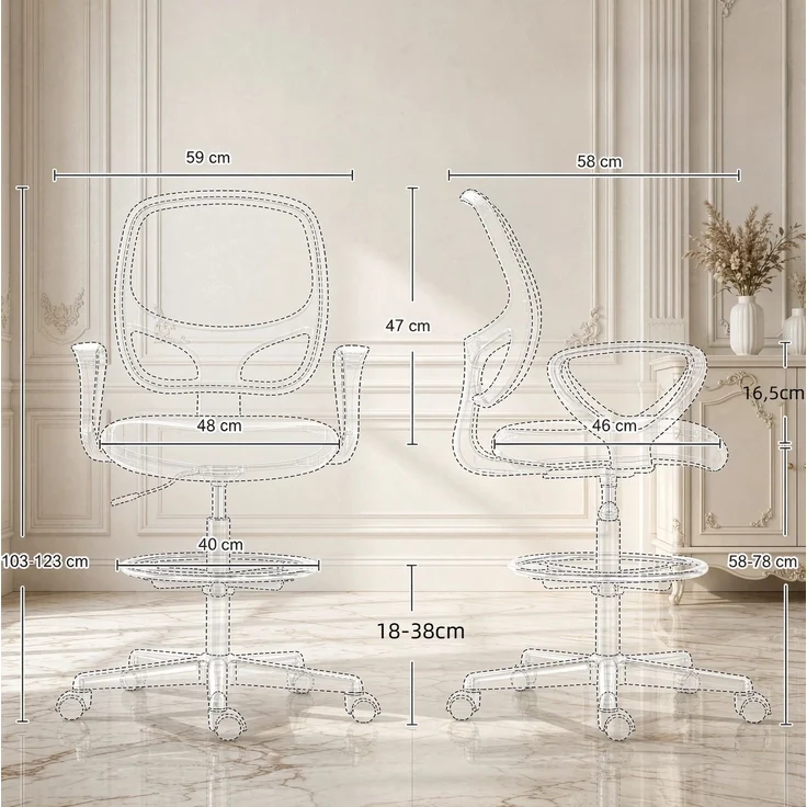 Bürostuhl mit Netzrücken, Fußring & höhenverstellbarem Sitz, 59x58x103-123 cm, Schwarz – Bild 5