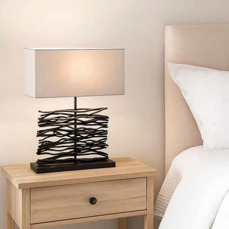 LED Tischleuchte, Holz, Stoffschirm, grau, schwarz, H 50 cm – Bild 3