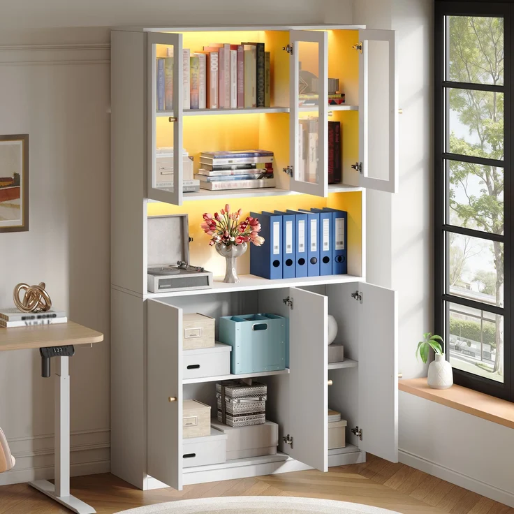 Bücherschrank 100 x 35 x 200 cm aus MDF mit Glasvitrine, LED-Beleuchtung und 3 Türen – Bild 3